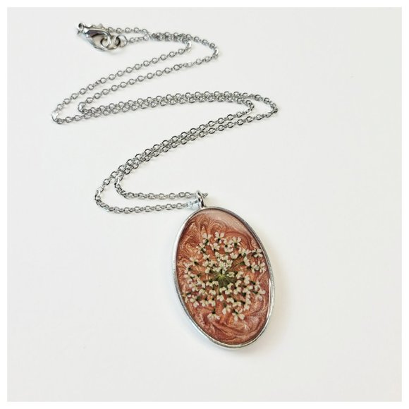 Floral Pendant Necklace Metallic Copper and Cream Pressed Dried Flower Pendant - Picture 4 of 10